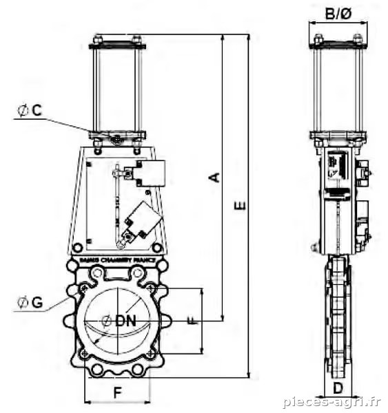Vanne guillotine + vérin pneum. DN150 vue 2