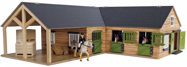 Étable à chevaux en angle avec 3 box et stockage 68x77x27cm 1:24 · réf. 610211