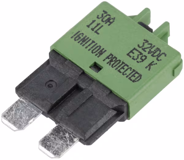 Fusible réinitialisation manuelle thermique 28V 30A longueur 34,4mm vert E.T.A · réf. SI25030