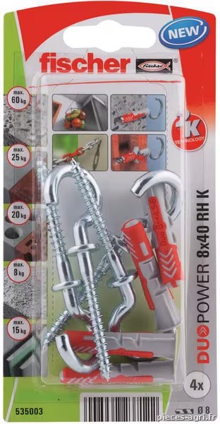 Chevilles tous matériaux DuoPower 8x40 avec crochet rond / Blister de 4 · réf. 535003