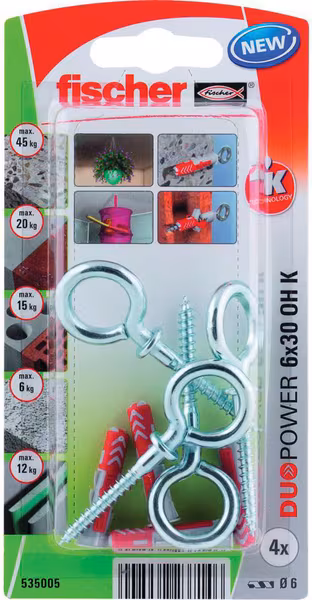 Chevilles tous matériaux DuoPower 10x50 avec crochet œillet / Blister de 4 · réf. 535015