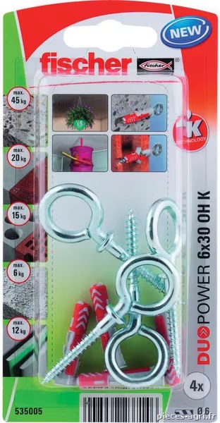 Chevilles tous matériaux DuoPower 5x25 avec crochet œillet / Blister de 8 · réf. 535014