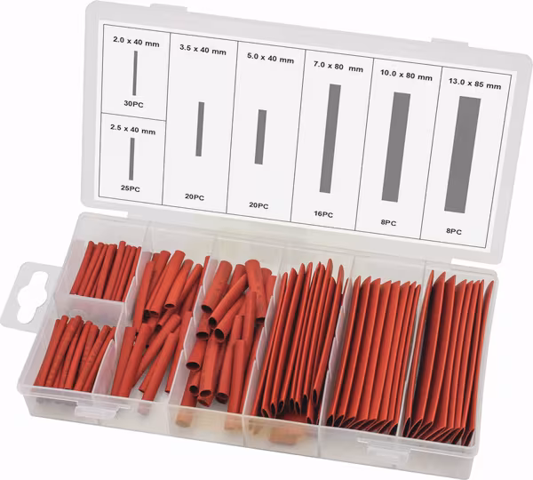 Assortiment de 127 gaines thermorétractables rouges de 40 à 85 mm, taux de rétraction 2:1 · réf. 77931STI