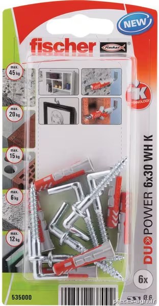 Chevilles tous matériaux DuoPower 8x40 avec crochet droit / Blister de 4 · réf. 535001