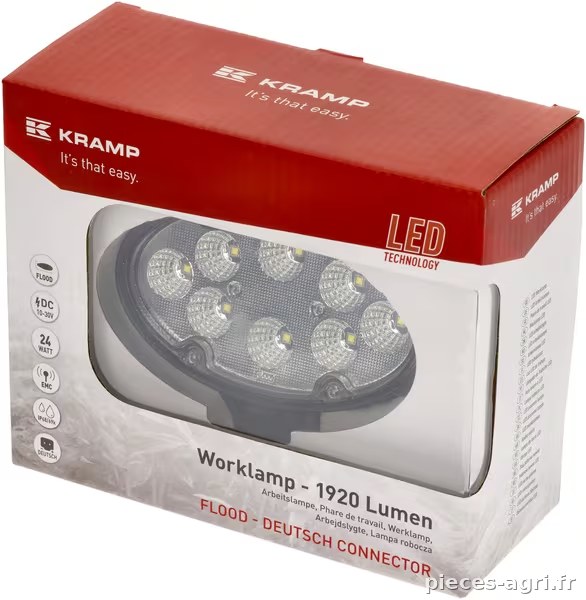 Phare de travail LED ovale 24W 1920lm  10-30V, blanc 130x53x78mm prise Deutsch 8 LED Kramp vue 3