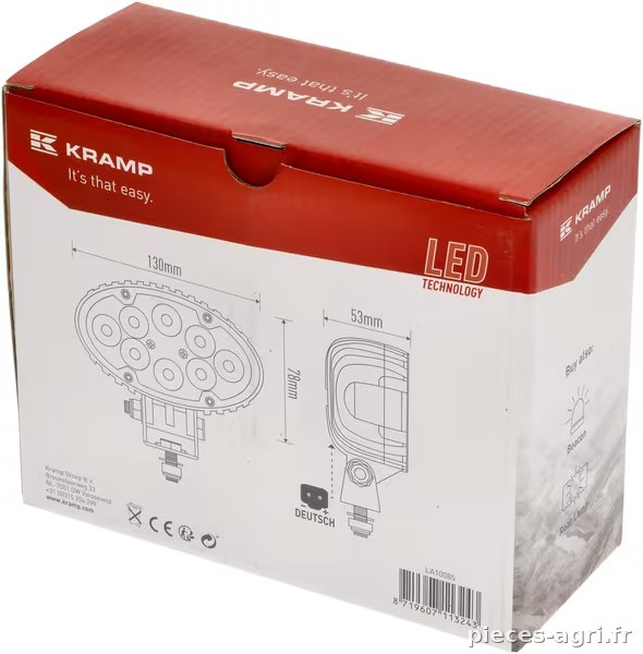 Phare de travail LED ovale 24W 1920lm  10-30V, blanc 130x53x78mm prise Deutsch 8 LED Kramp vue 4