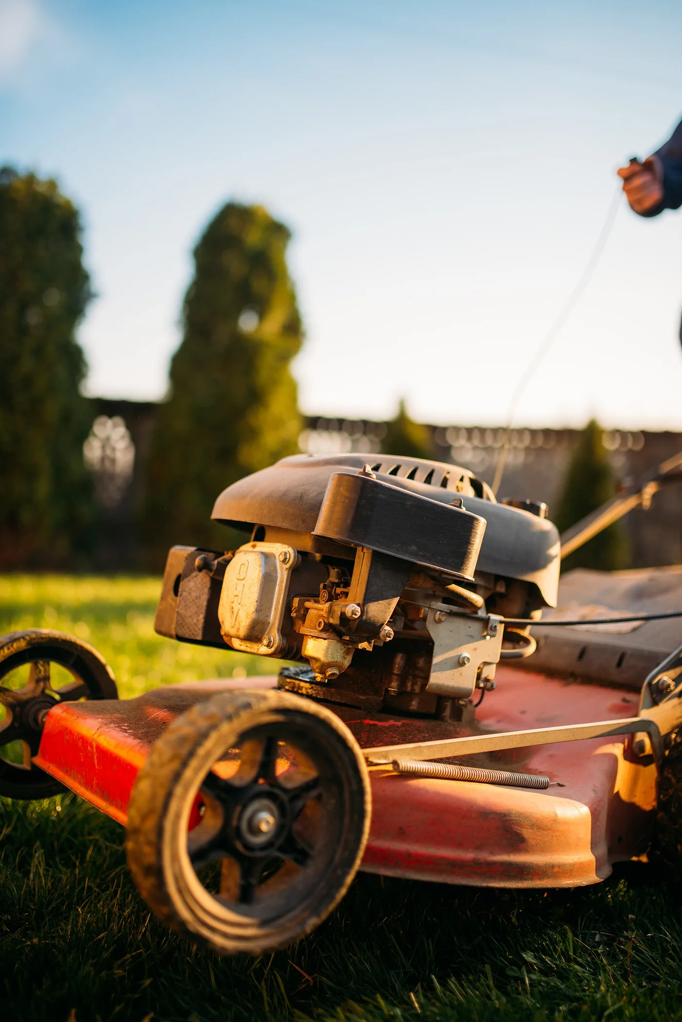 Moteur 4 temps monobloc d'une tondeuse à gazon poussée, vu de près sur l'herbe